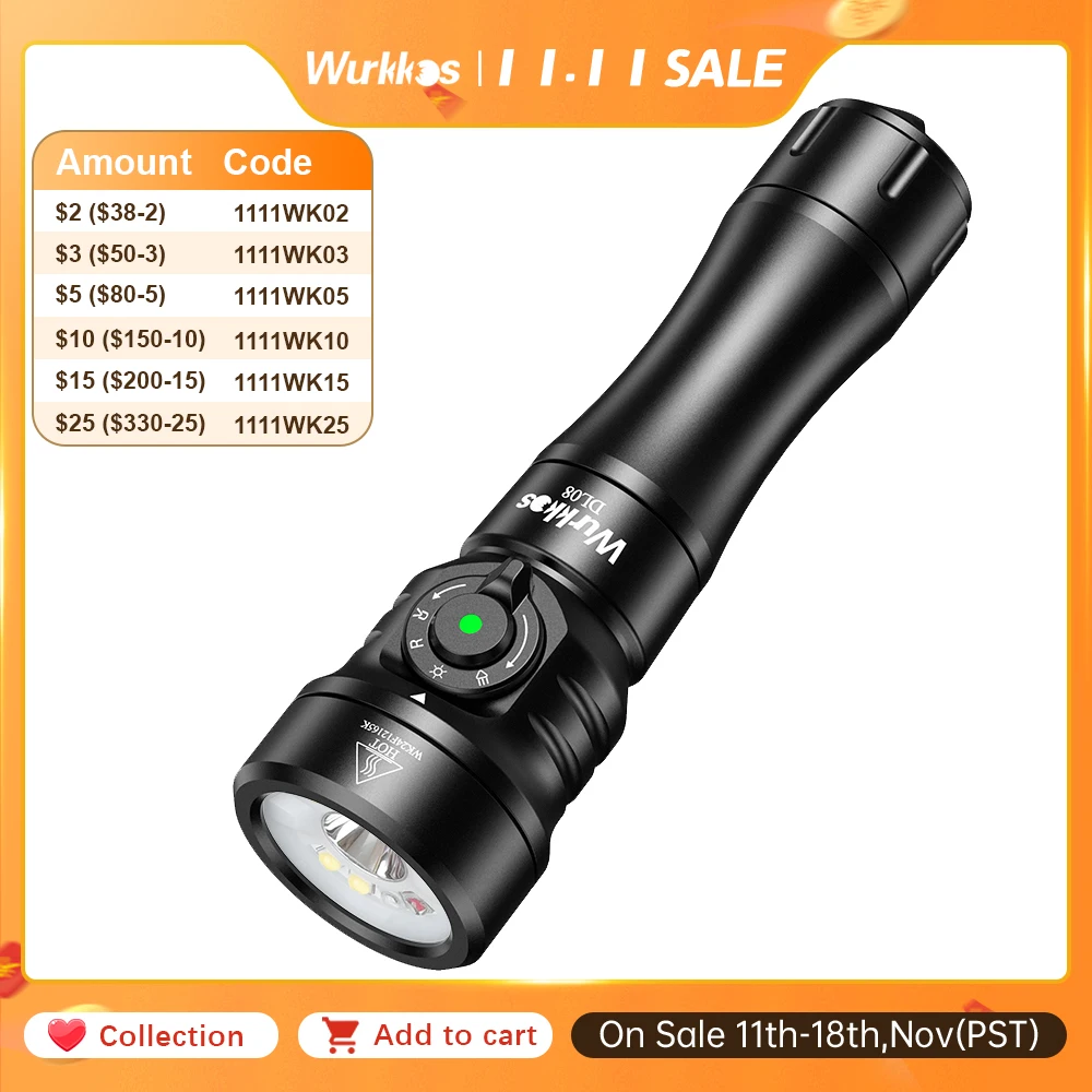 Wurkkos DL08 Дайвинг Фонарик 3600LM Перезаряжаемая Лампа 660nm Красный Свет 365nm УФ Факел 21700