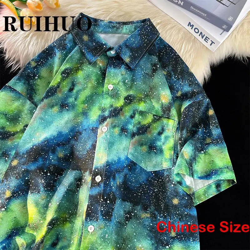 

RUIHUO Printed Shirt for Men Shirts Streetwear Vintage Clothes Korean Clothing Men's Fashion Work Wear Tops 5XL 2023 Summer