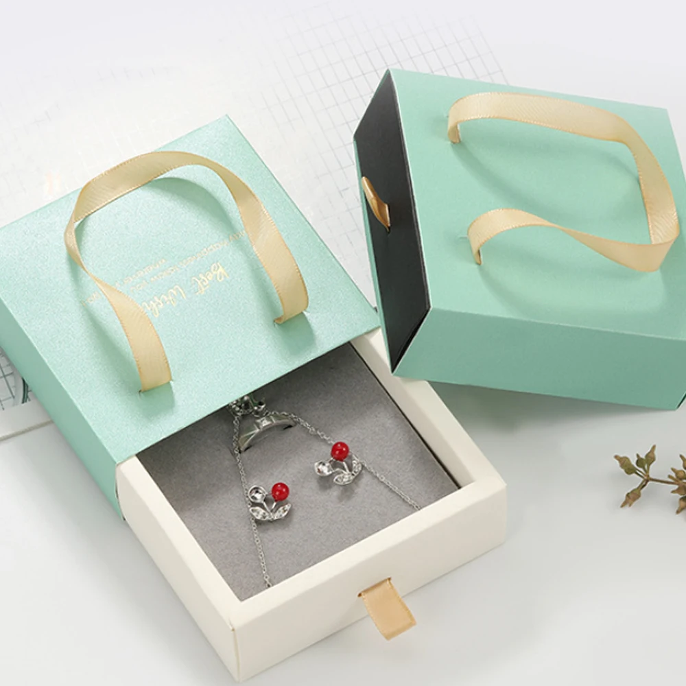 24pcs Light Green Paper Jewelry Handle Drawer Box with Grey Sponge Ring Earring Container Handmade Packaging DIY Cardboard Case