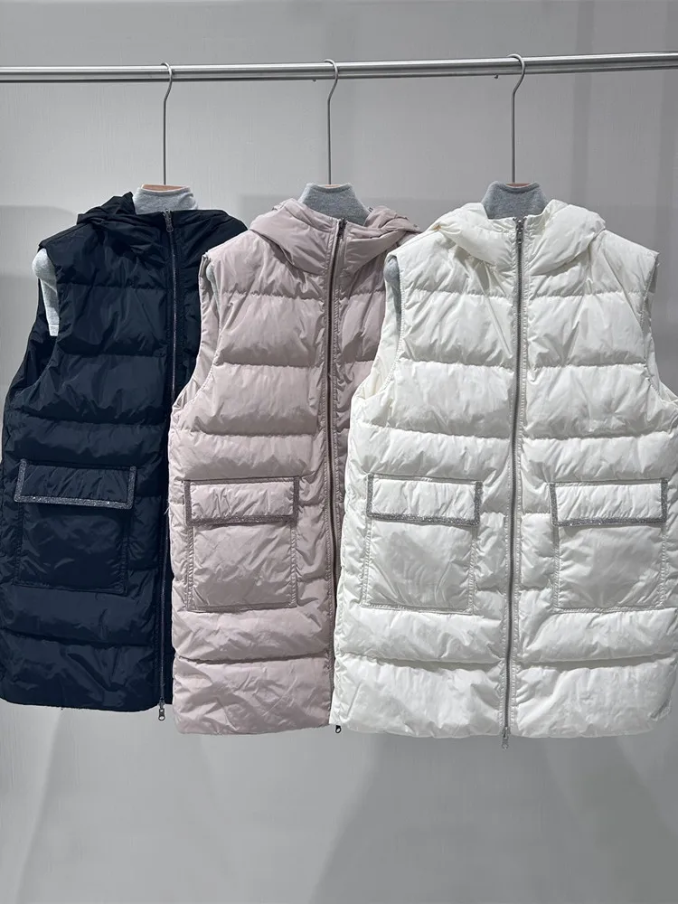 

Женский Двусторонний пуховик, зимняя куртка средней длины из 2023 шерсти, Женская куртка без рукавов на молнии с капюшоном и цепочкой, украшенная бусинами