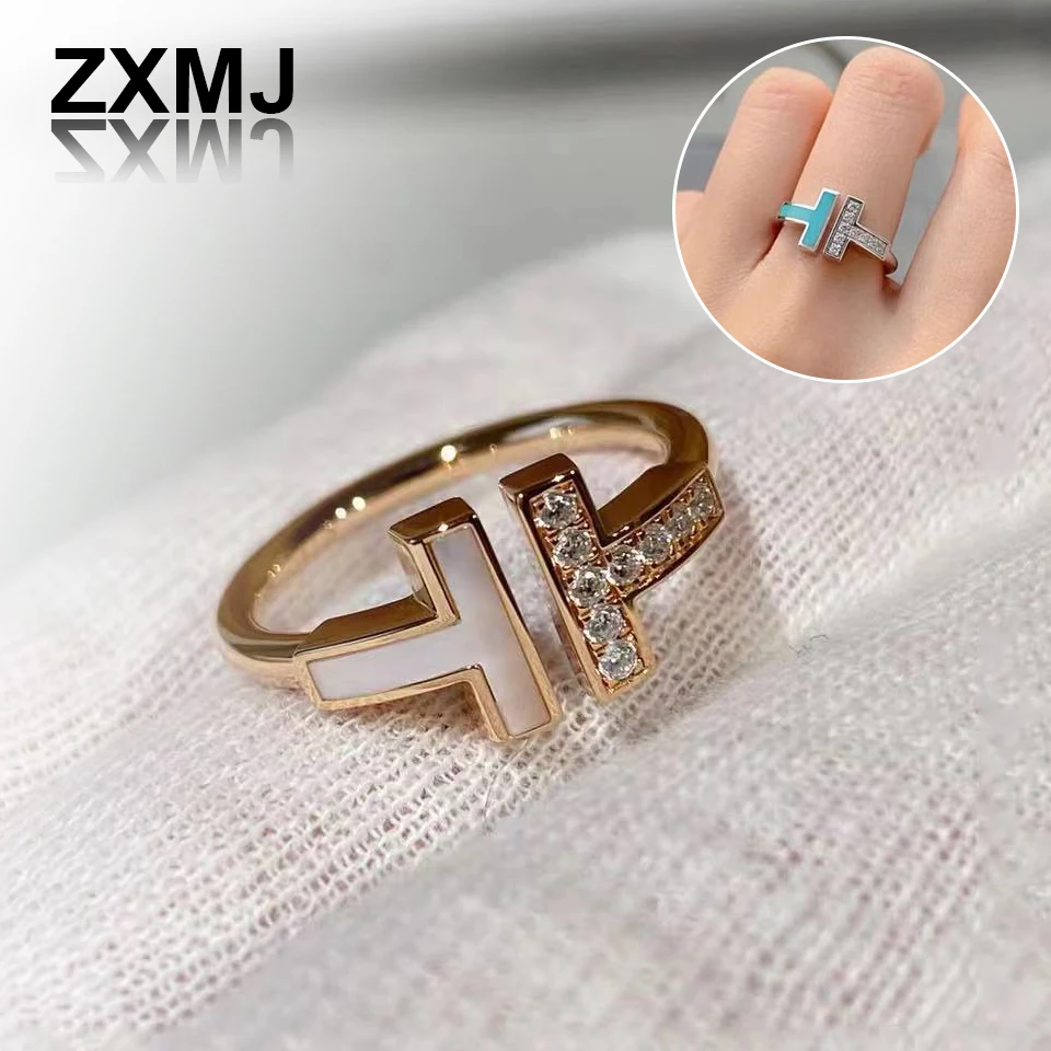 

ZXMJ Double T Pearl Ring Fashion Diamond Finger Rings for Women Open Adjustable Trendy Couple Ring Light Luxury Popular Jewelry