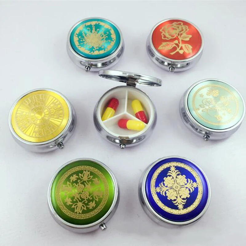 

2018 Hot JETTING 1 Pc Metal Round Flower Print Folding Pill Case Medicine Organizer Box Travel Makeup Storage Container Random