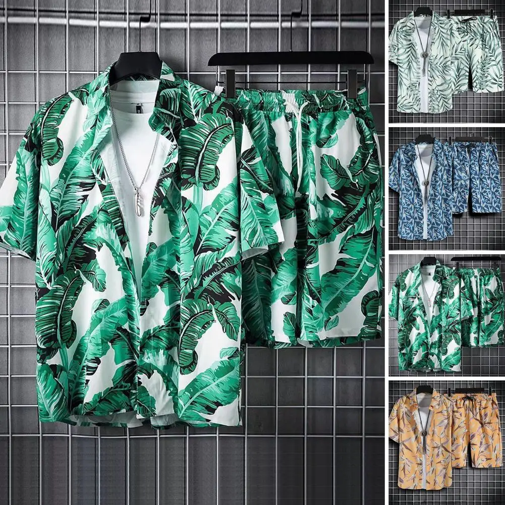 

2pcs/Set Men Shirt Shorts Set Lapel Elastic Waist Beach Shirt Set Buttons Closure Hawaiian Two Piece Sets Summer Seaside Outfit