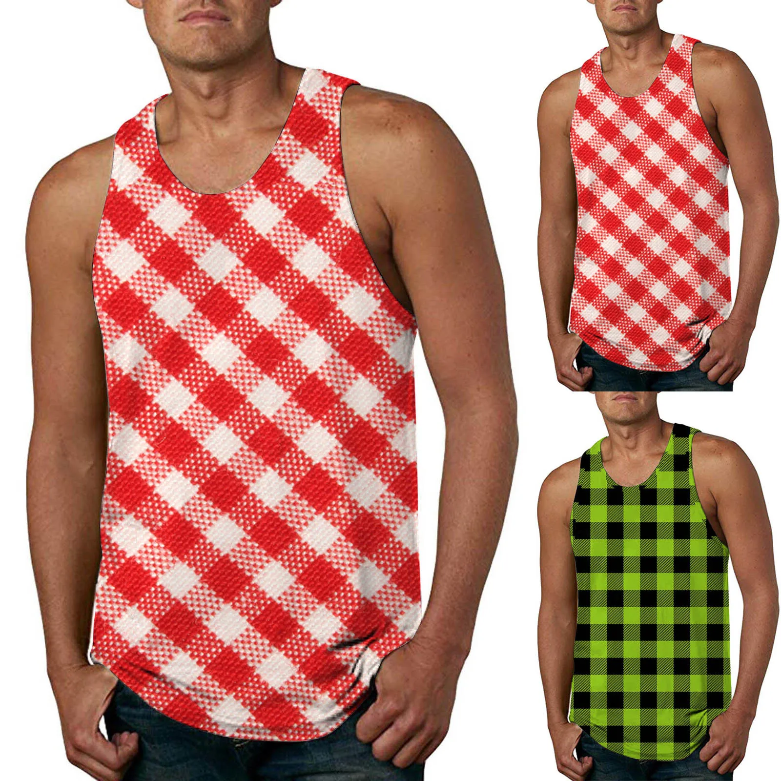 

Мужской летний клетчатый жилет с принтом, майка с круглым вырезом для бодибилдинга, одежда для фитнеса, жилет для тренировок, мужской жилет