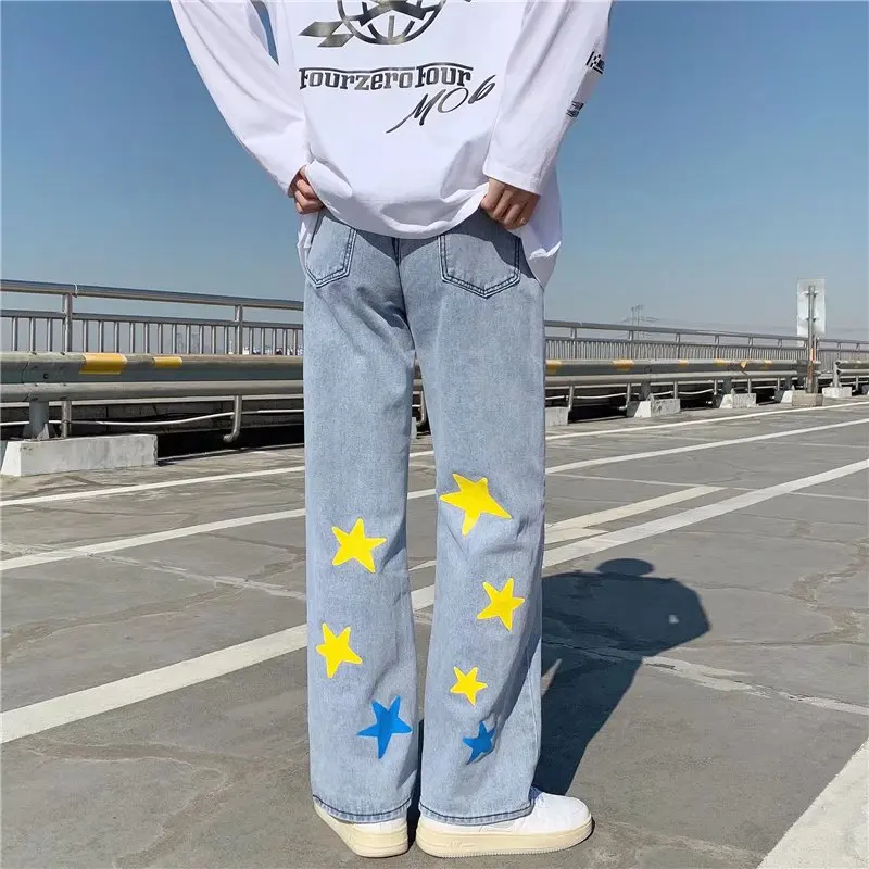 2022 New Fashion Star Print Straight Baggy Men Jeans Trousers Y2K Hip Hop Loose Korean Casual Denim Pants Luxury Pantalon Homme