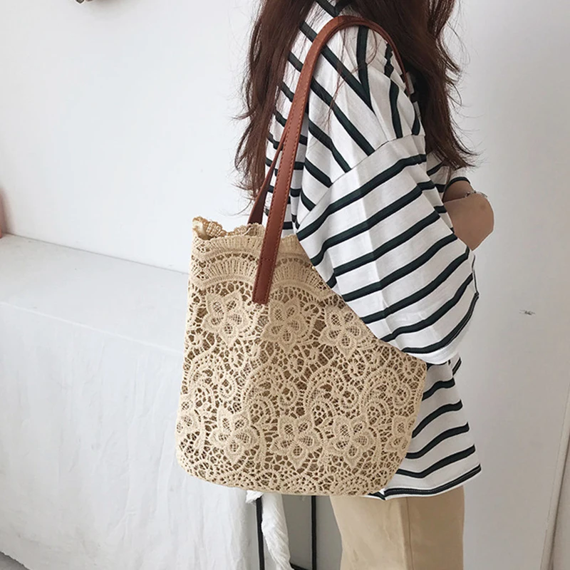 

New Lace Shoulder Bag for Women 2022 Summer Large Capacity Foldable Beach Elegant Lady Purse Big Bucket Travel Tote Bag Handbag