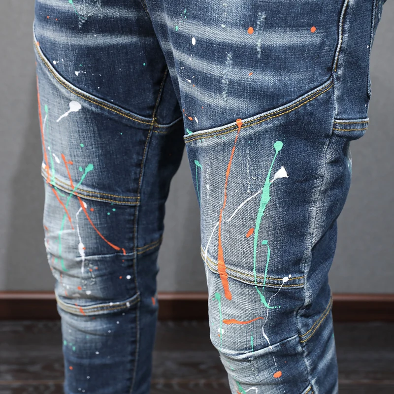 Street Fashion Men Jeans Retro Blue Elastic Spliced Vintage Designer Slim Ripped Jeans Men Painted Hip Hop Denim Pants Hombre