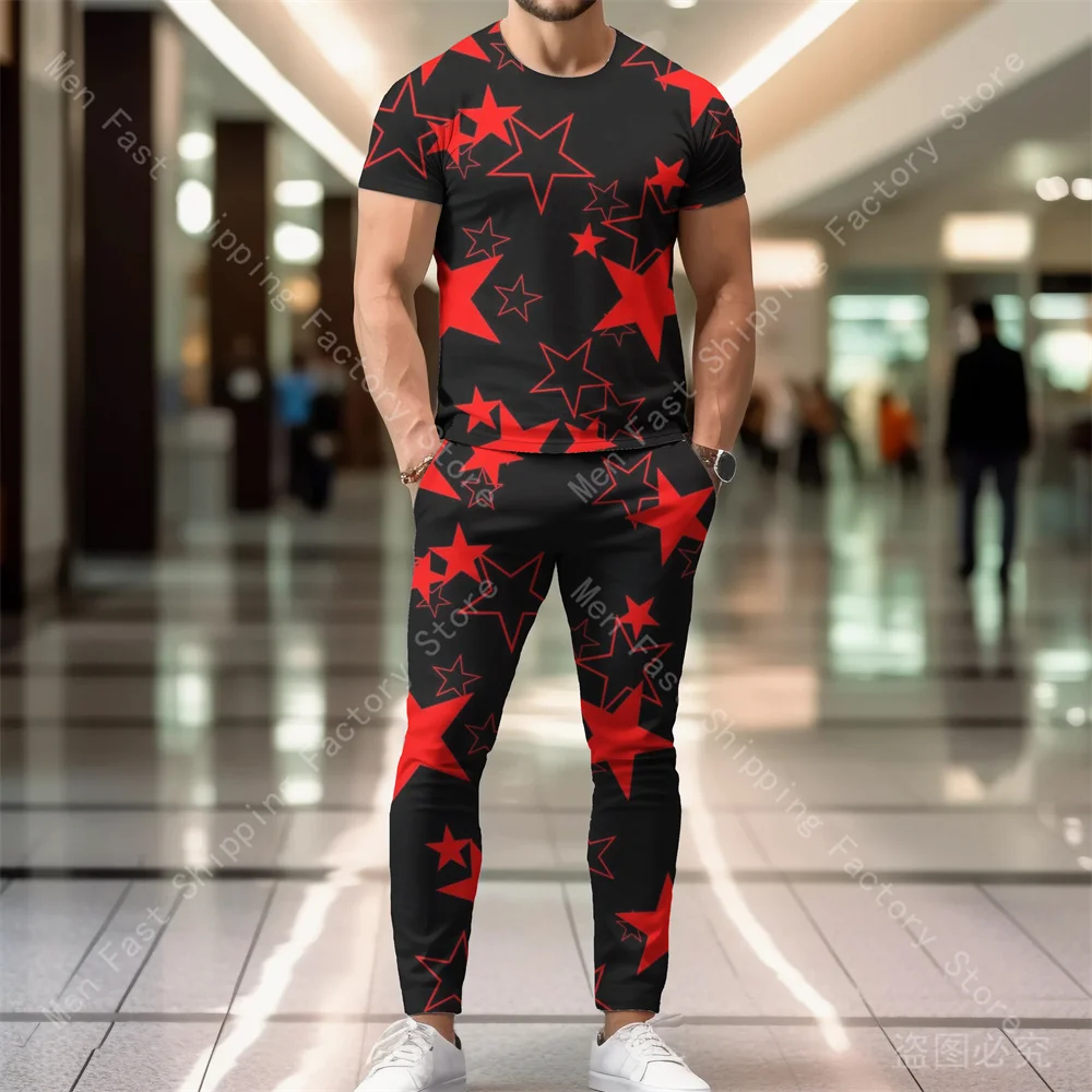 Men Summer T Shirt Pants Sets Tracksuits Sweatpants Men's Print Clothing Sportswear Tops Trousers Outfits Oversized T-shirts Set