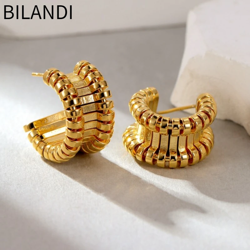 

Bilandi Fashion Jewelry 925 Silver Needle Hollow Texture Metal Hoop Earrings For Women Female Party Wedding Gift Accessories