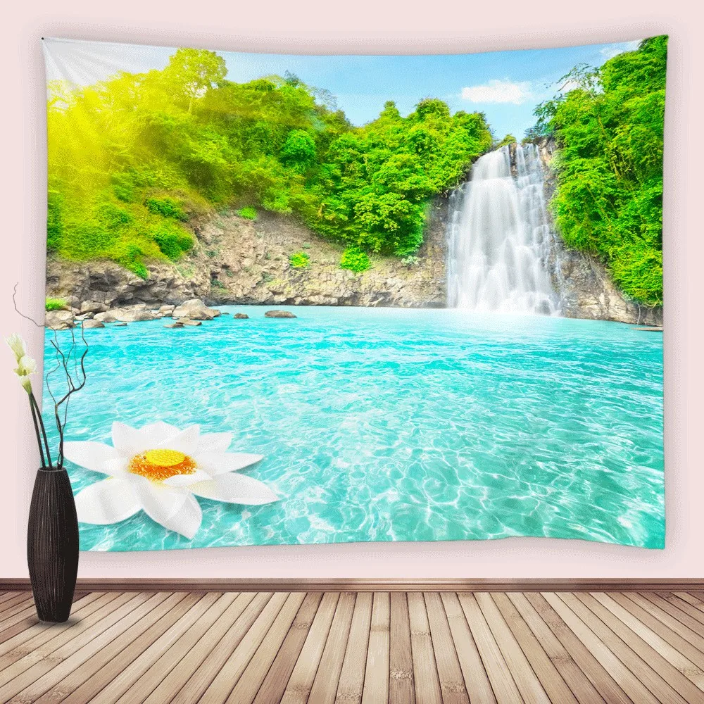 

Waterfall Landscape Tapestry Wall Hanging Forest Lotus Flowers Natural Sunshine Blue Lake Tapestry Bedroom Decor Cloth Yoga Mat