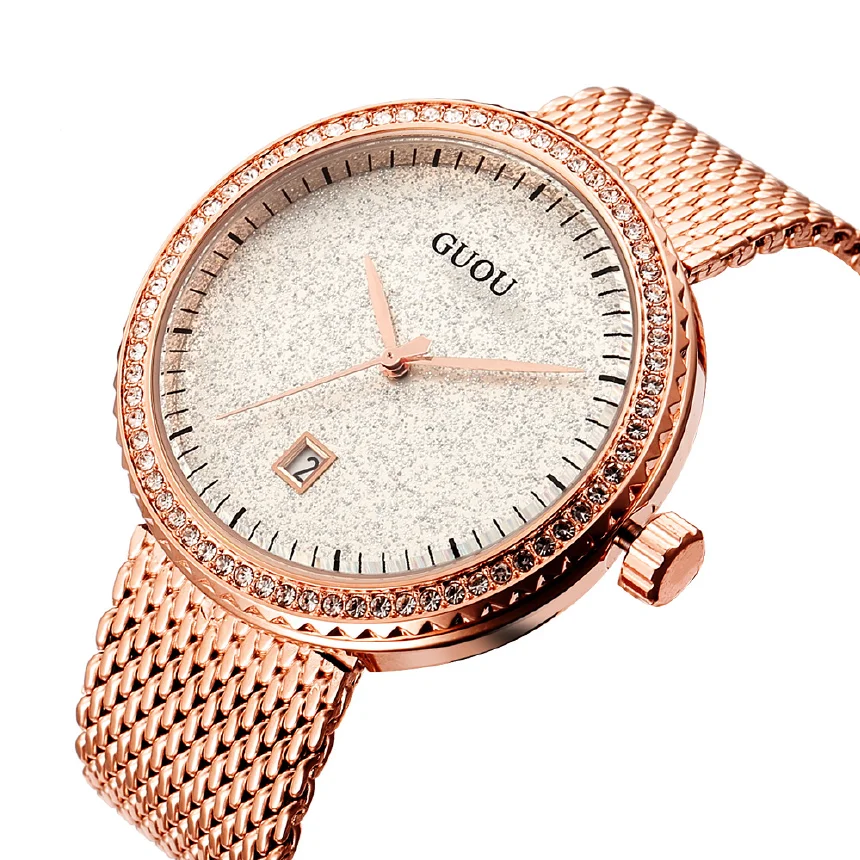 

Guou Модные Простые сетчатые Ретро изысканные женские кварцевые часы с большим циферблатом и ремешком из нержавеющей стали