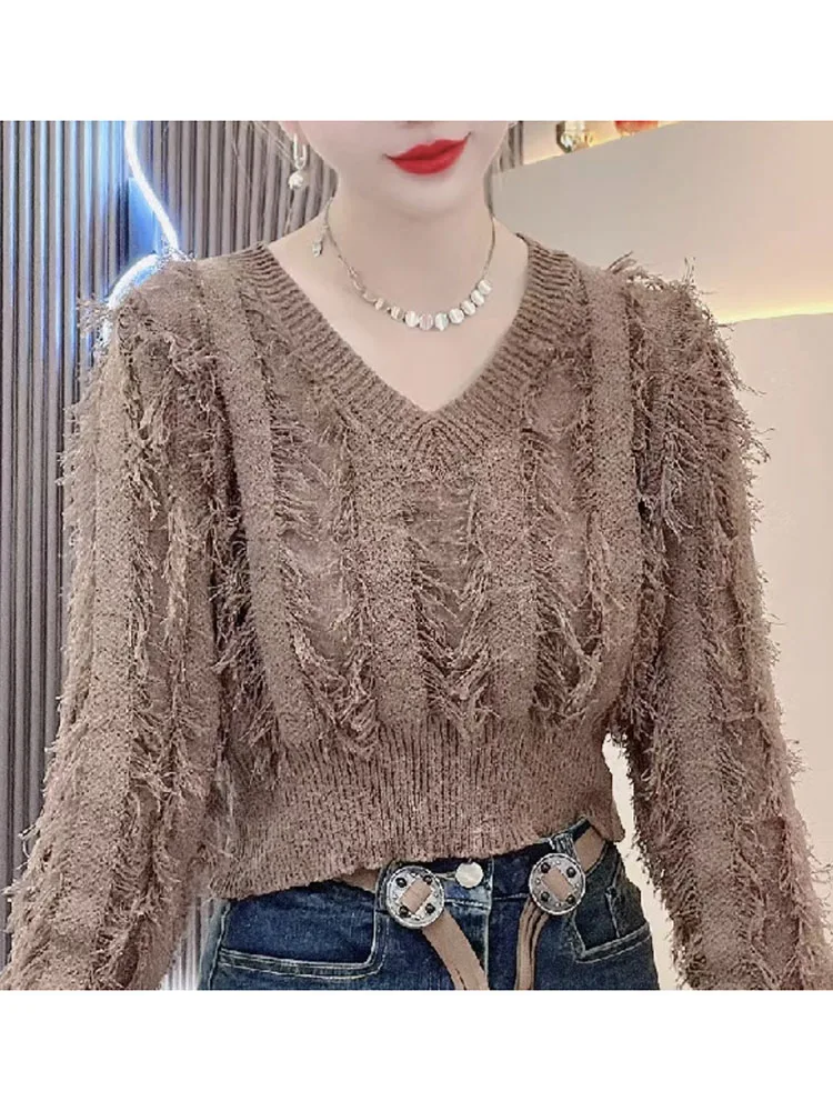 

Женские пуловеры на осень 2023, новая Корейская версия, элегантный однотонный вязаный пуловер с вырезами, Свободный Топ с длинным рукавом, D5220