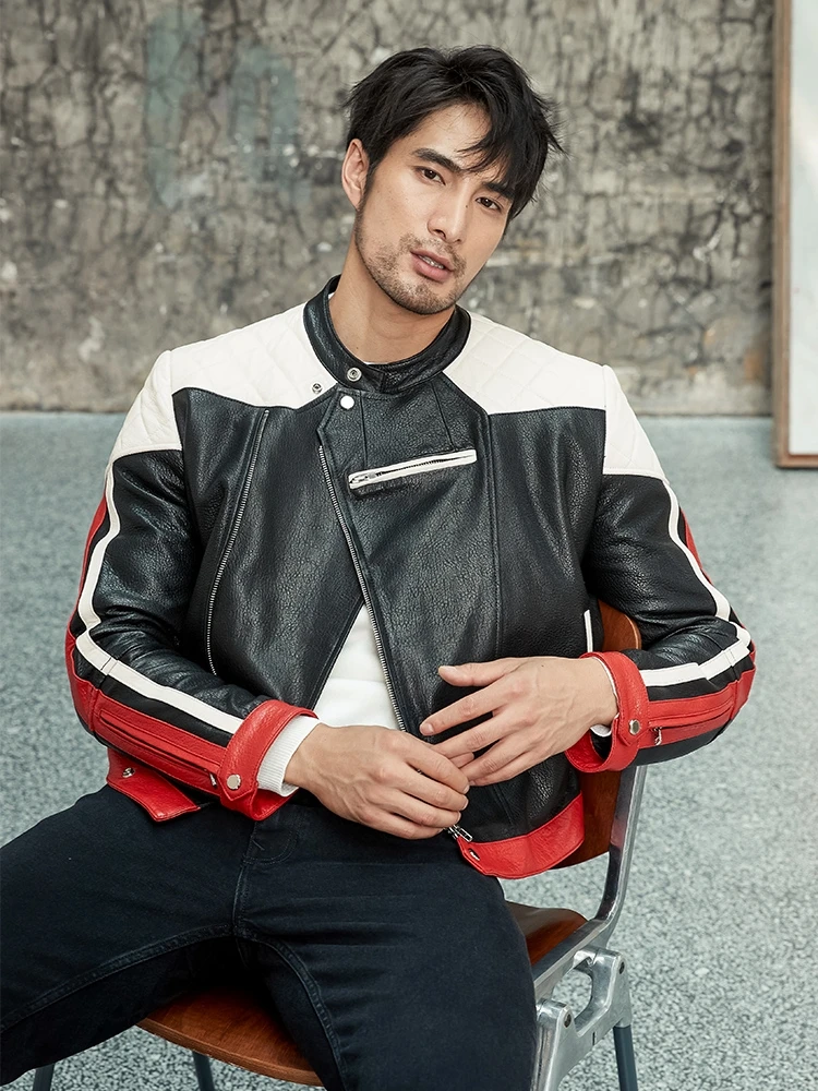 Мужская байкерская куртка из натуральной овечьей кожи с воротником-стойкой