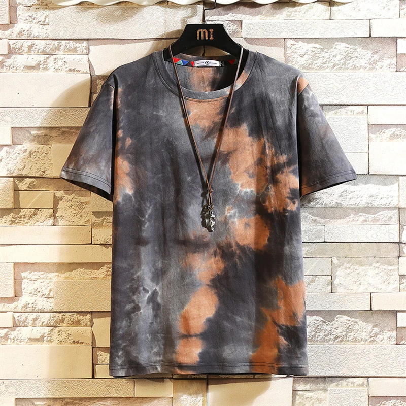 

Men Summer Tshirts Casual Tie Dye Print Tops Fashion Loose Short Sleeve T-shirt Korean O-neck Loose Pullover