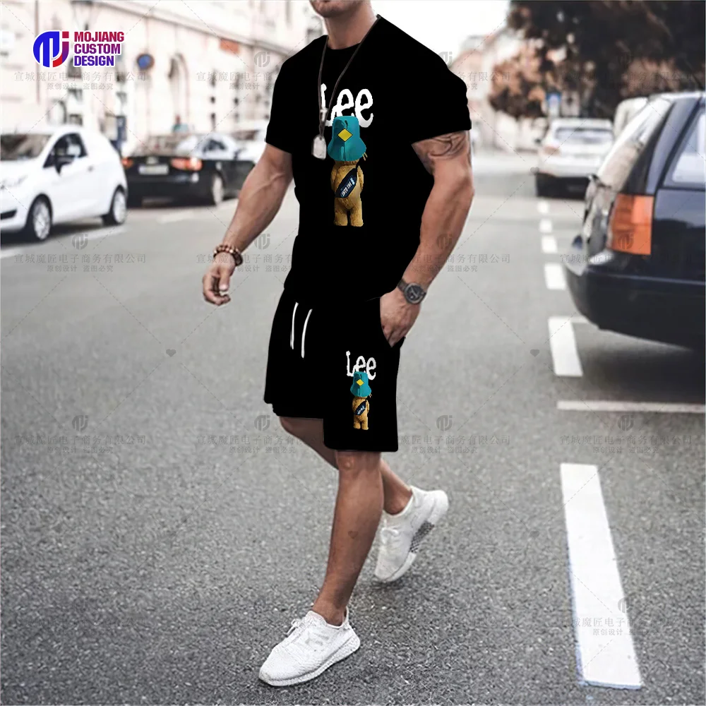 Summer 2023 Luxury Brand Men's T-shirt Shorts Oversized Short-Sleeved Cartoon Bear Print Casual Loose Top Shorts Two-Piece Set