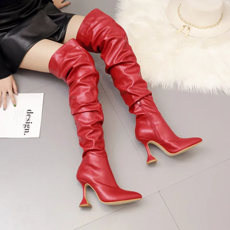 Large Size 35-42 Fashion Women Boots Red 11CM Thin Heel Winter Warm Pointed-toe Female Over-the-Knee Boots Party Club High Heels
