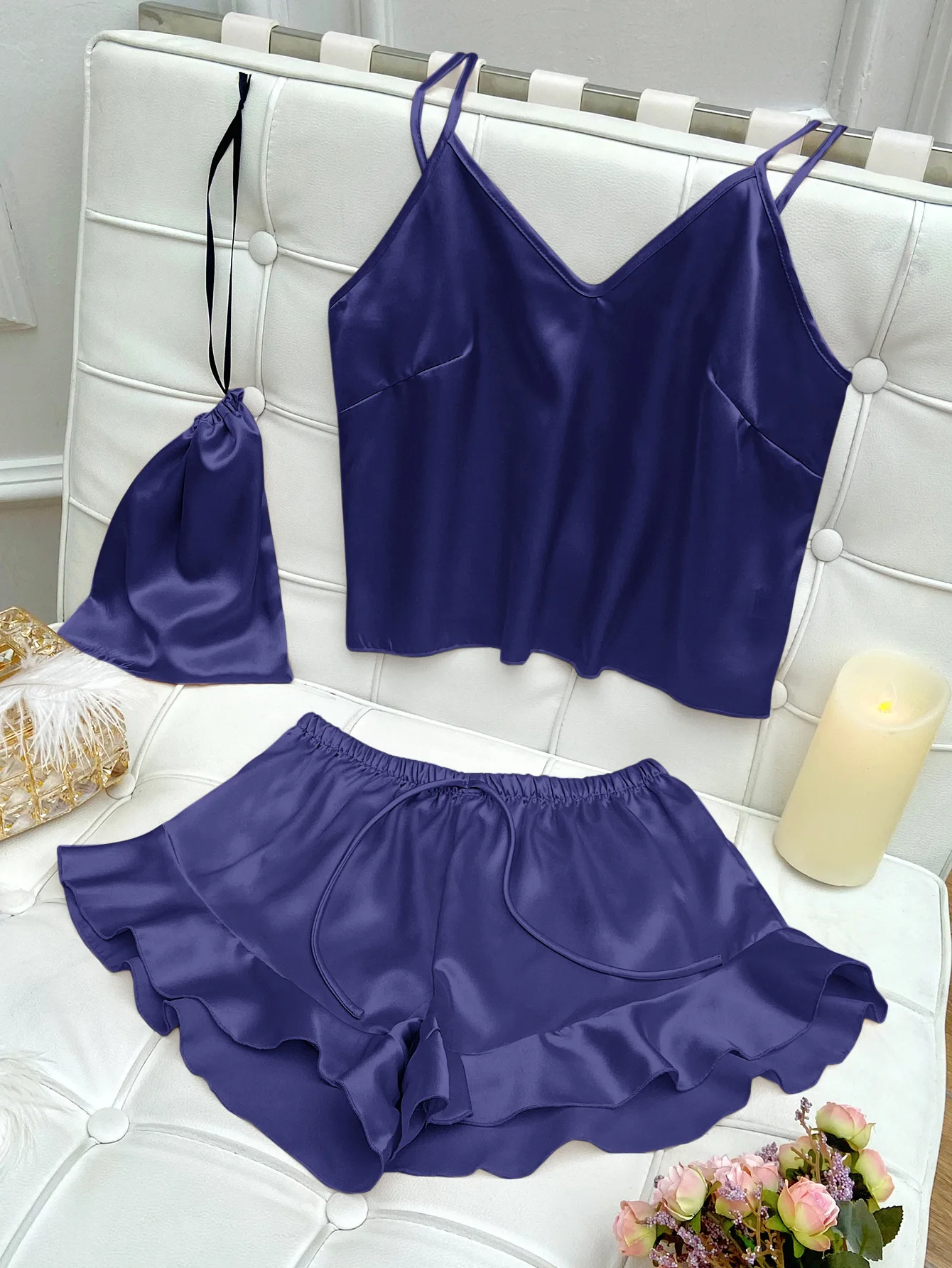 Manufacturers Fashion Sexy Camisole Shorts Shorts Three Piece Ladies Pajamas silk sleepwear set