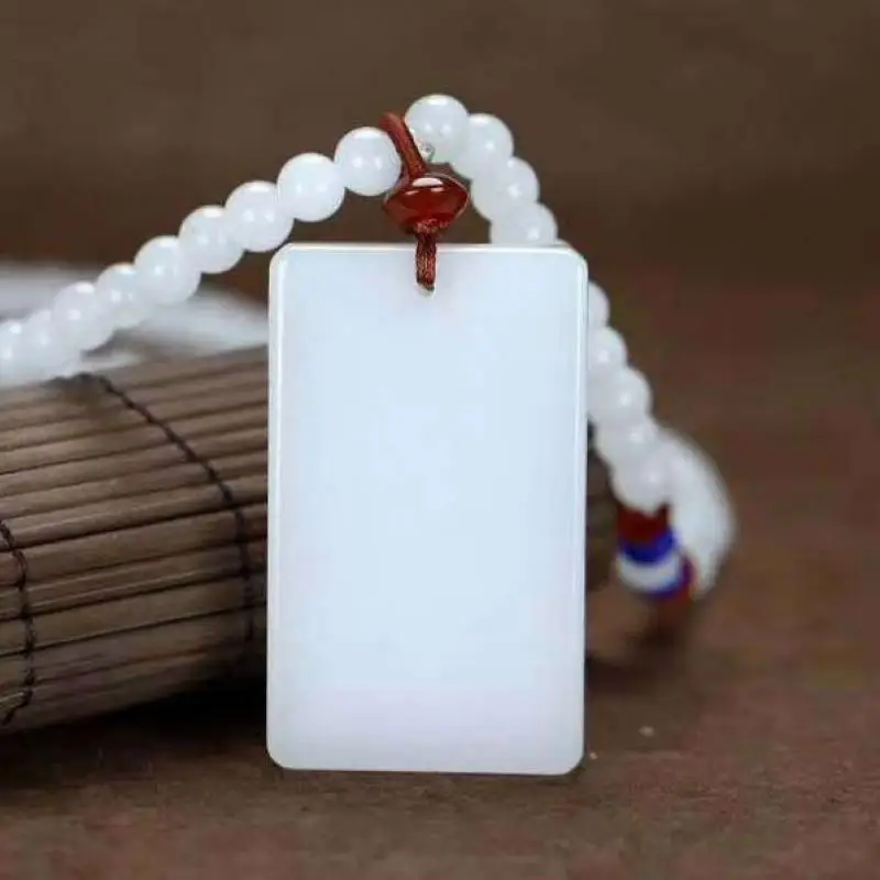 

Genuine Natural White Jade Rectangle Pendant Necklace Men Women Fine Jewelry Real Chinese Golden Silk Jades Charms Sweater Chain