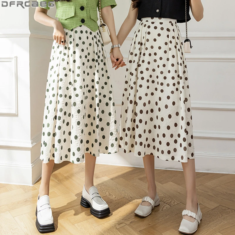 

New 2022 Fashion Spring Summer Beach Skirt Casual Streetwear Stretch High Waist Jupe Longue Femme A-Line Polka Dots Print Skirts