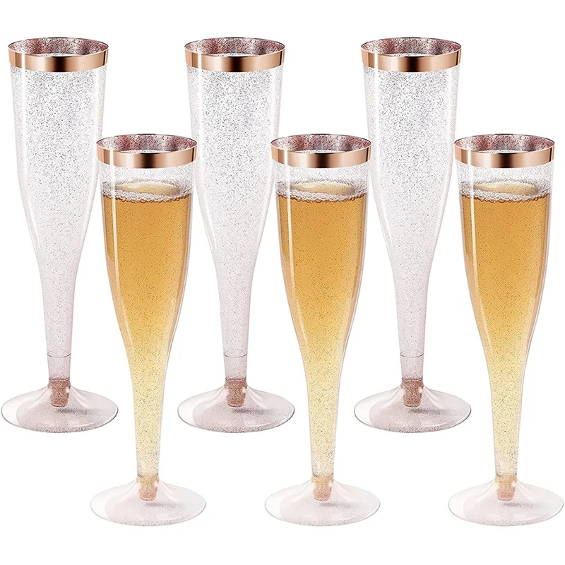 

Rose Gold Glitter Plastic Champagne Flutes 6.5 Oz Rose Gold Rim Champagne Mimosa Glasses Plastic For Parties