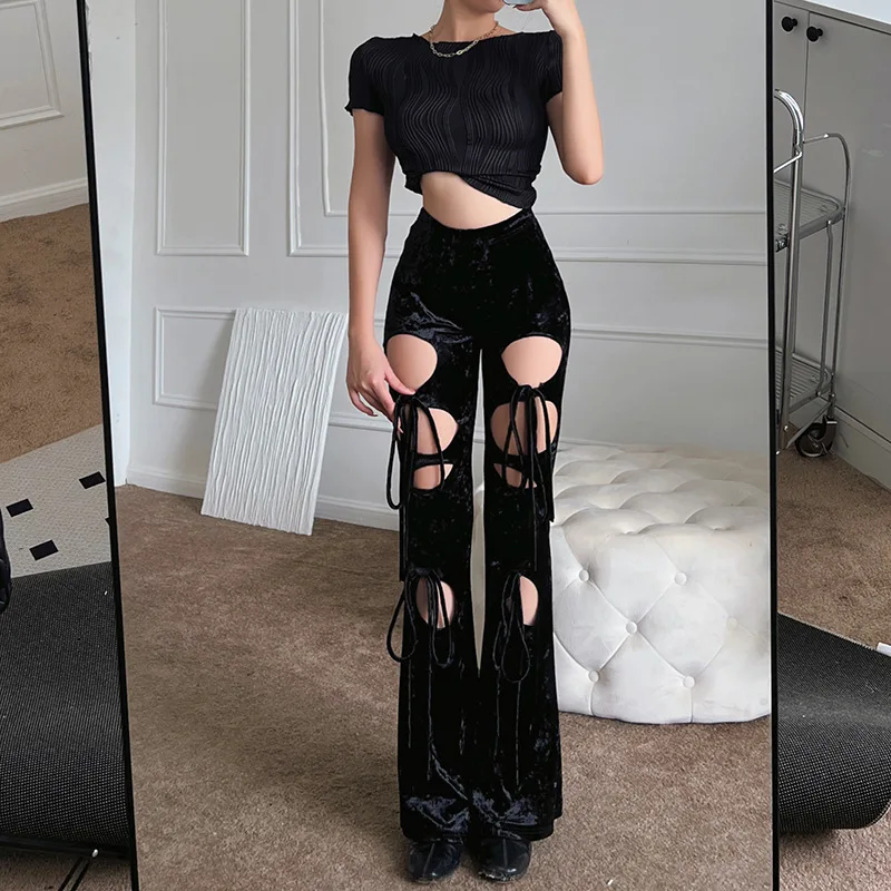 

Slim Fit Hollow Out Bandage Velvet Pants Women Casual High Waist Flare Trousers Streetwear