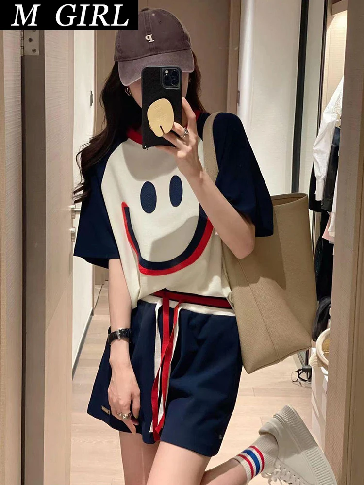 

M GIRLS Smiley Face Embroidered Shorts 2 Piece Sets Women Outfit 2023 Summer New Loose Short Sleeved Tshirt Shorts Casual Tracks