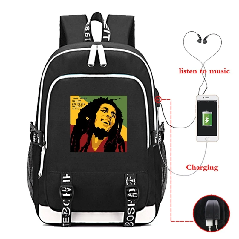 

Rock Singer Rapper Bob M-Marleys Backpack USB Charging Backpack Campus Student School Bag Fashion Backpack Travel Bags