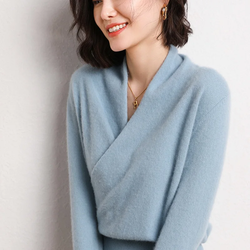 Женский трикотажный кашемировый свитер с V-образным вырезом |