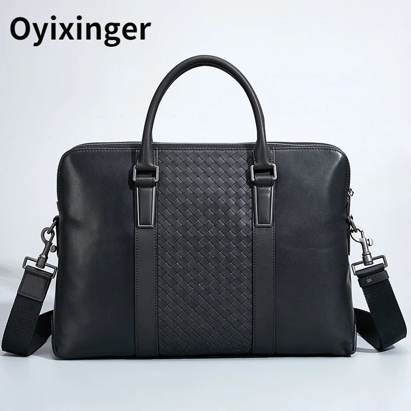 OYIXINGER High Grade Men's Briefcase For Men Handbag Soft Cow Leather Woven Business Office 15.6 Laptop Bag New Luxury Handbags