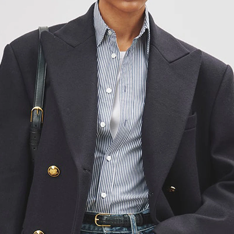 Классическое темно-синее Женское шерстяное пальто-двубортное зимнее теплое