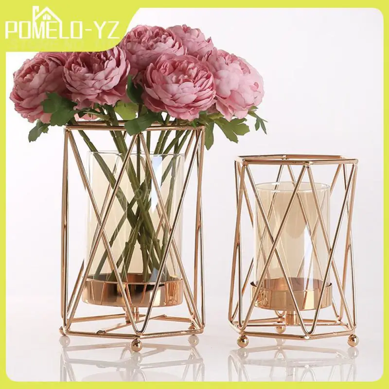

Nordic Metal Flowers Pot Iron Line Floral Flower Arrangement Plant Holder Plated Alloy Glass Vases Golden Vase Desk Decoration