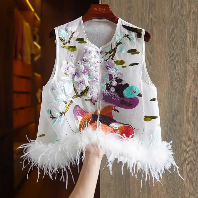 Exclusive Design Chinese Style Exquisite Embroidery + Feather Splicing  O-Neck Silk Vest Fashion Celebrities Women's Top S-XL