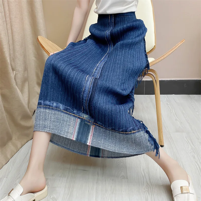 

Slim-fit OL Style Retro Long Pleated Skirt For Women Workwear Stretched High Waist Denim Color Skirts
