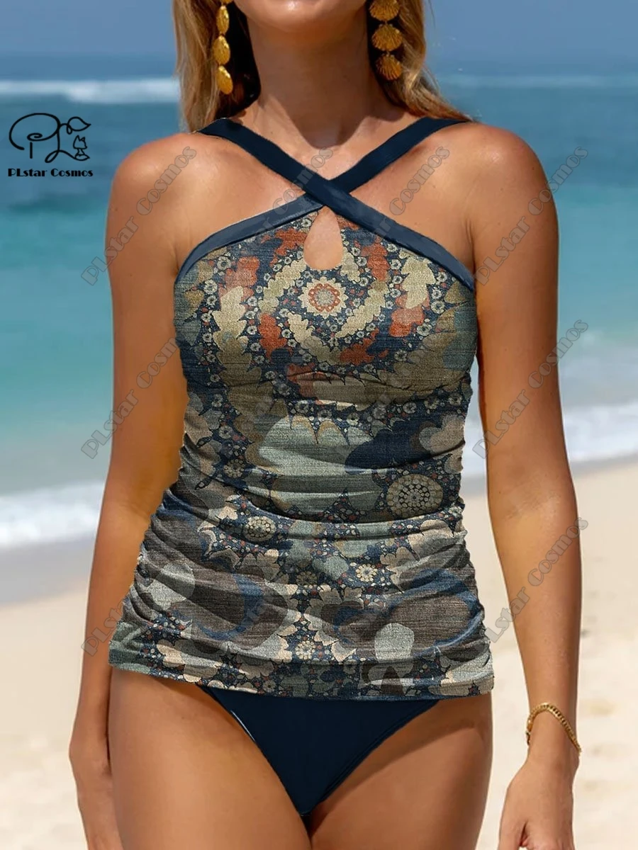 Женский летний небольшой купальник с цветочным 3D принтом перекрестными лямками