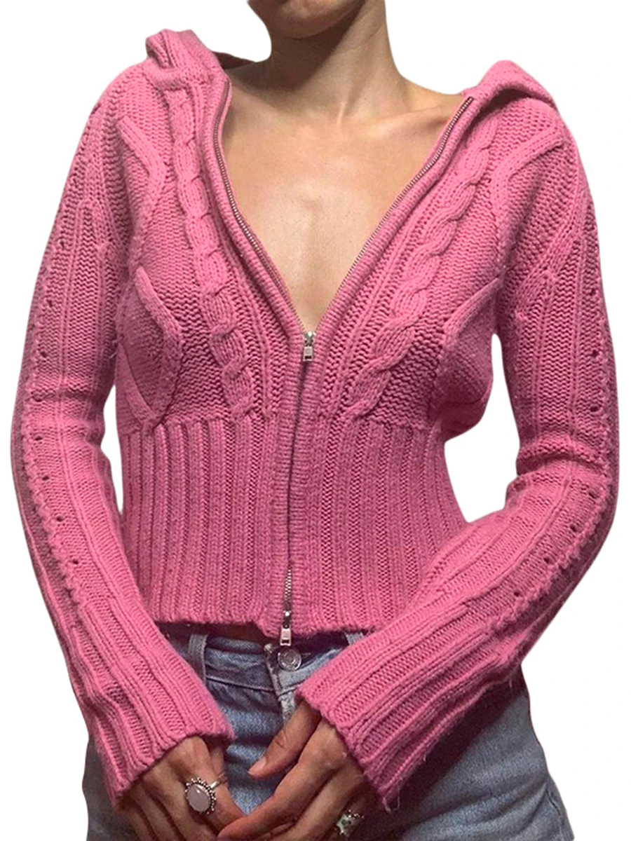 

Женские вязаные топы на молнии, однотонный облегающий Кардиган с длинным рукавом и капюшоном для дам