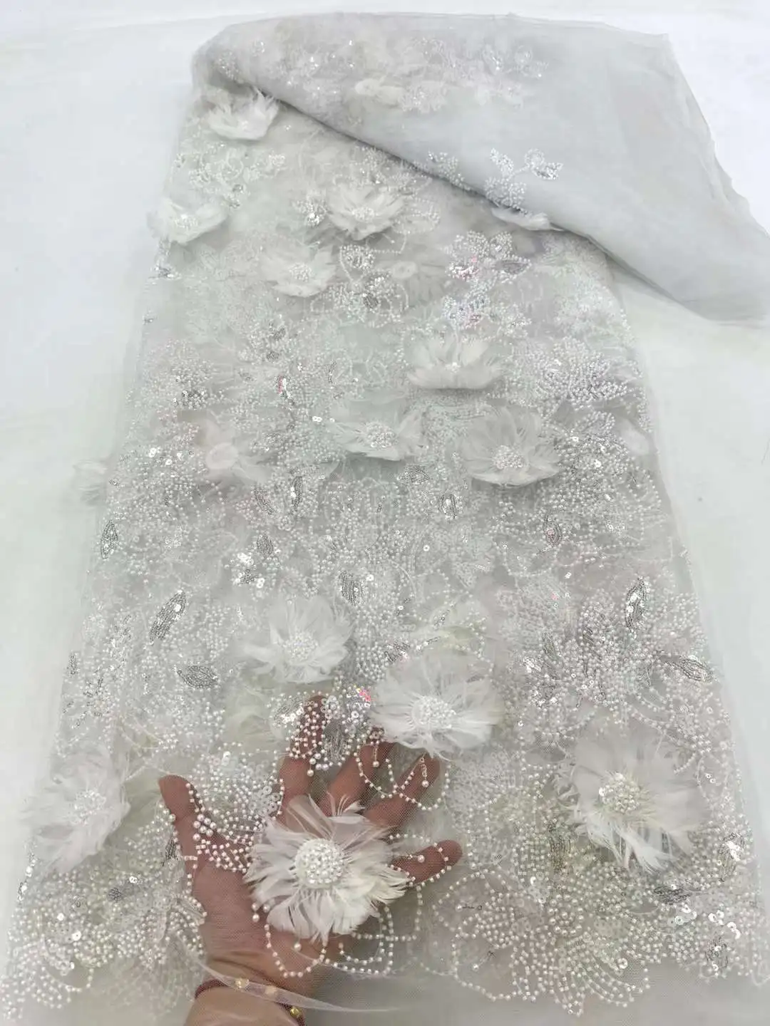 Африканская вышивка из тюля 3D Цветочные бусины кружевная ткань с блестками