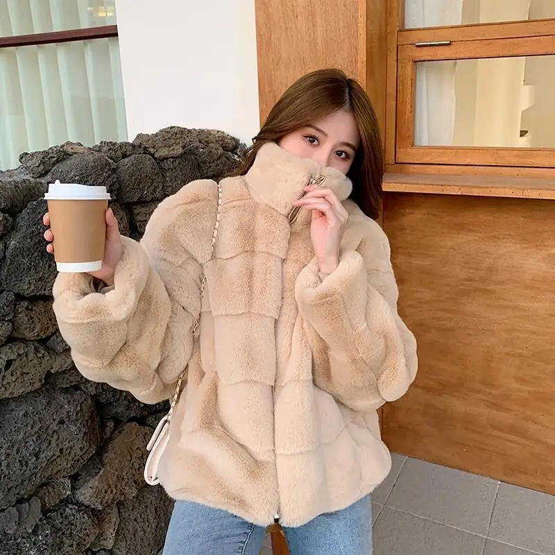 2022 Fashion Faux Fur Coat Slim Stand Collar Coat Women's Fur Coat Warm Jacket Women's Winter Dress Solid Women's Winter Jacket