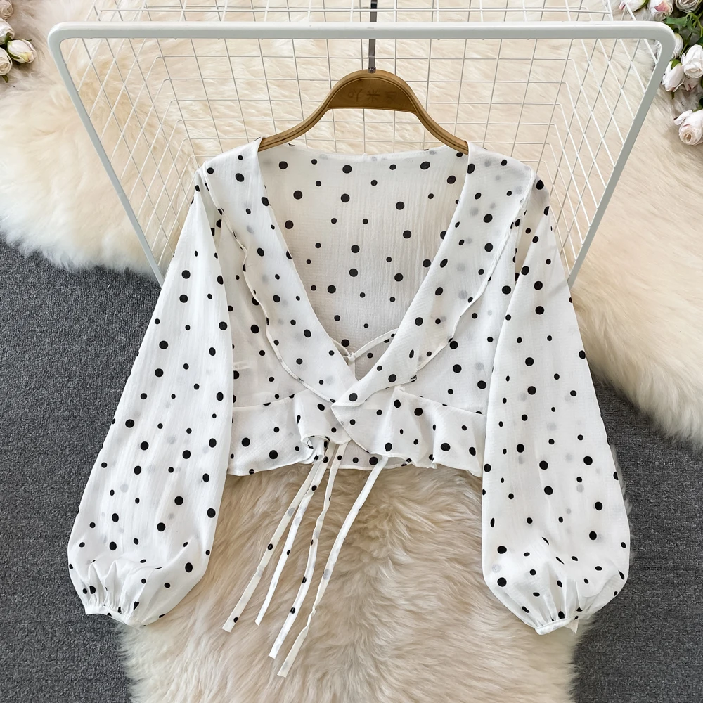 

Женская шифоновая блузка в горошек, Корейская рубашка с V-образным вырезом, оборками и рукавами-фонариками в стиле ретро, весна-осень