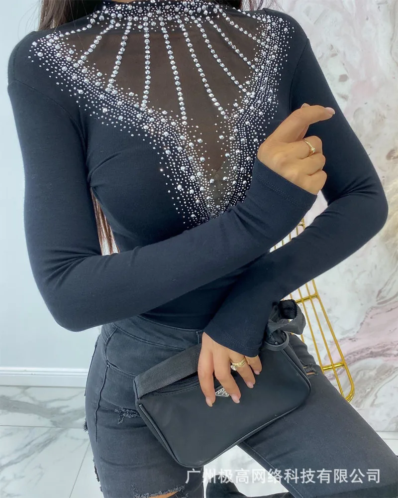 

Blouse Women's Tops Diamond Mesh Stitching Casual Shirts 2021 Autumn New High Street High Neck Long Sleeve Slim Blouses