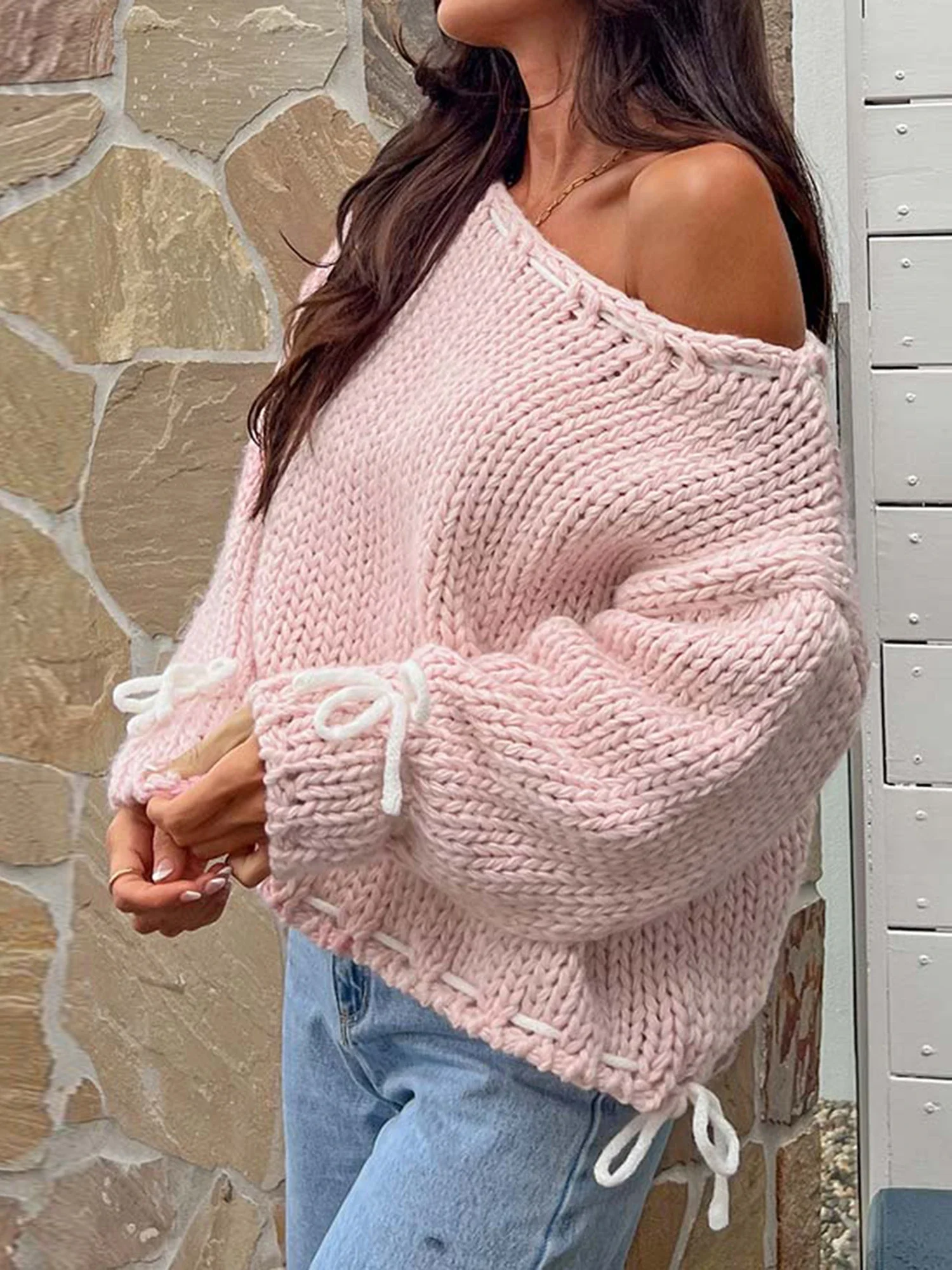 Женские осенние пуловеры свитера свободные с кулиской вязаный свитер милая