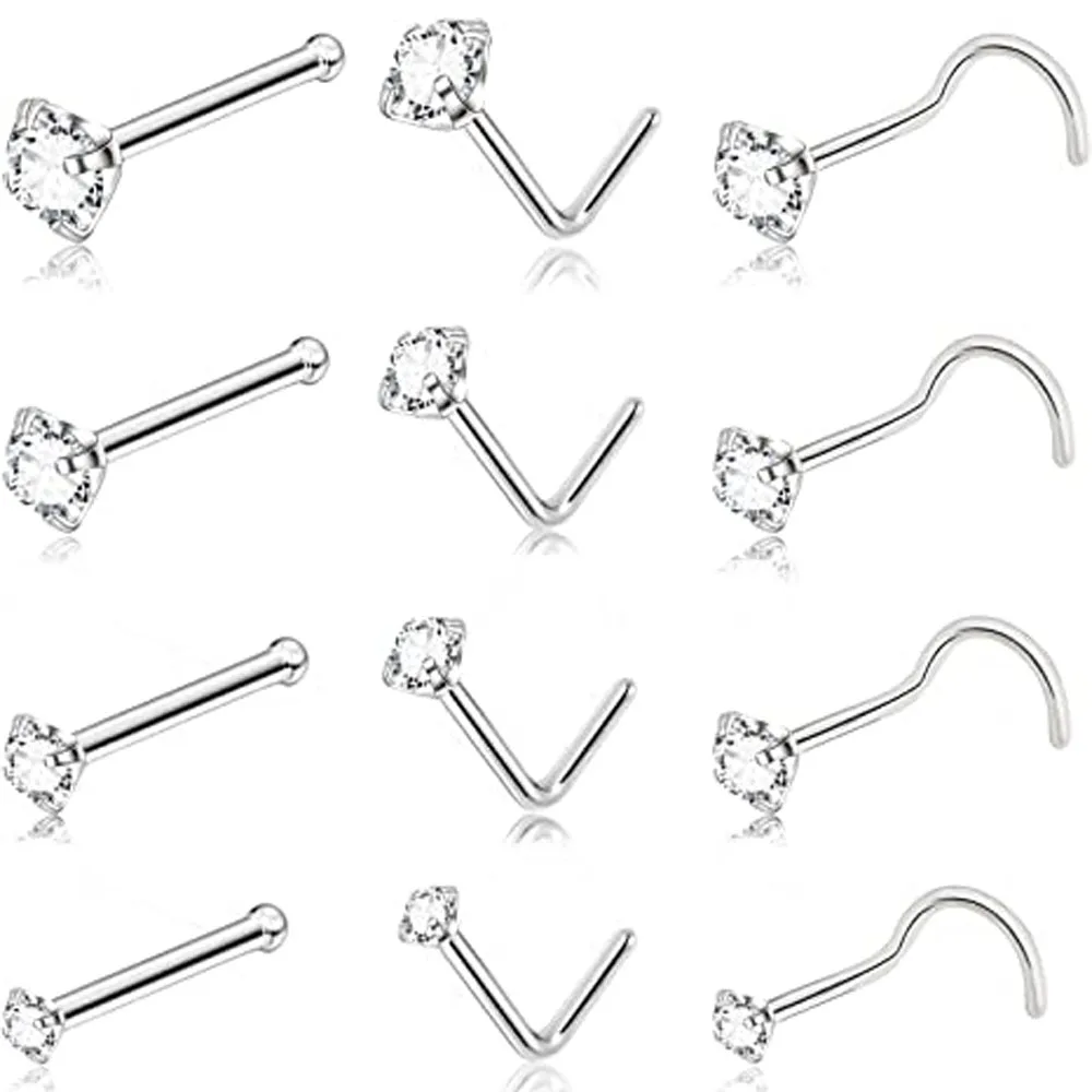 

WKOUD 4-12PCS Silver Nose Rings Studs Surgical Steel L Shaped Nose Studs Hypoallergenic CZ Bone Zircon Set for Women Men 20G