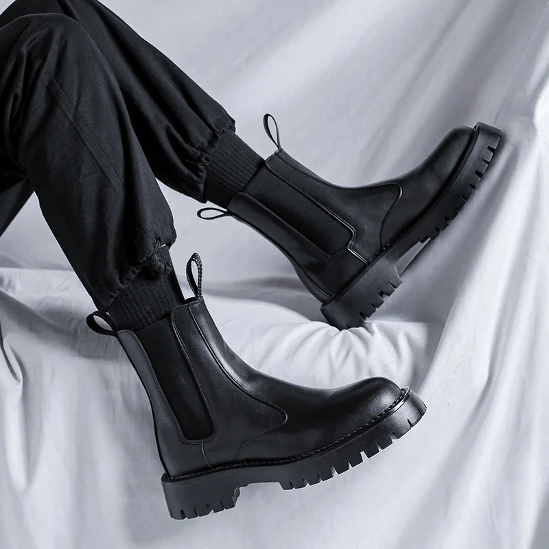 Мужские ботинки челси в английском стиле, роскошные модные ботинки из натуральной кожи, высокие ковбойские ботинки на платформе, мужские длинные ботинки на осень и зиму
