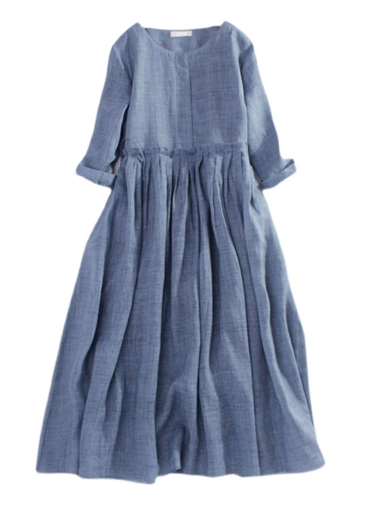 Женское Хлопковое платье-рубашка средней длины с длинным рукавом и круглым