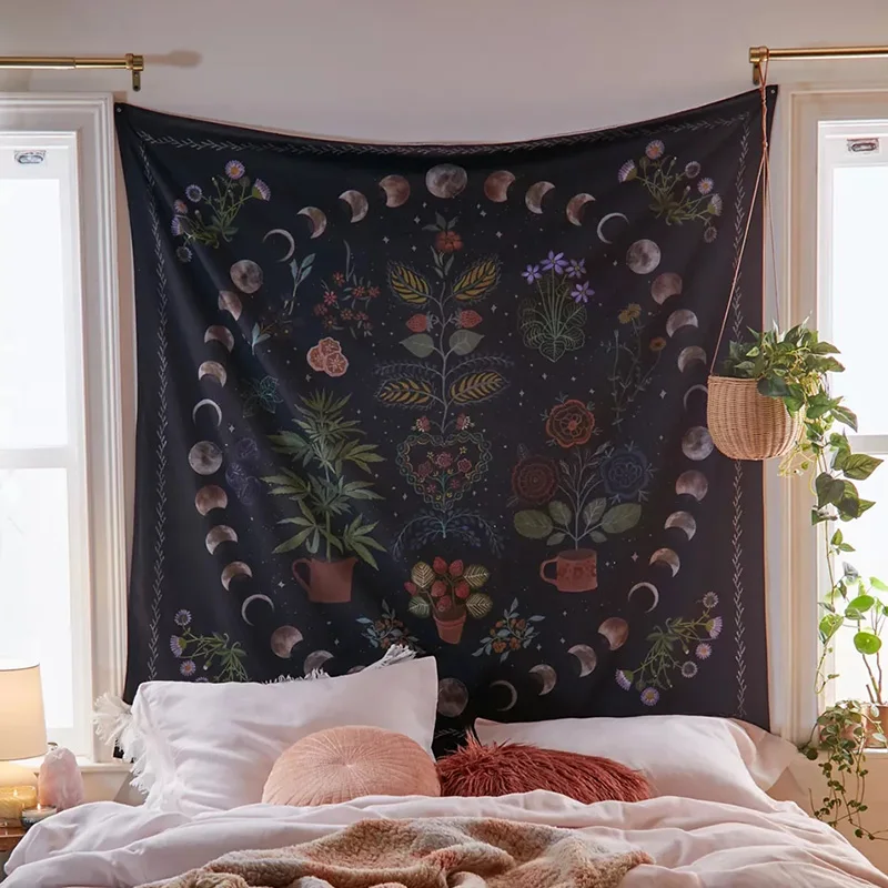 

Moon Phase Witchcraft Tapestry Plant Flower Tapestry Hippie Flower Wall Blanket Dormitory Decoration Tapestry Home Decor Modern