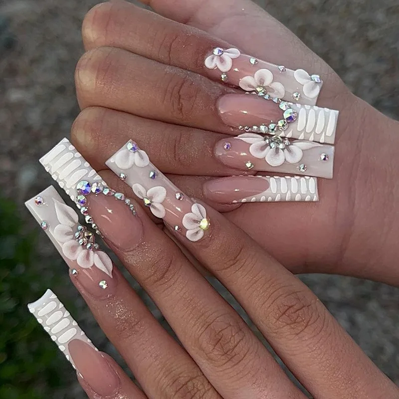 

24 шт. акриловые французские накладные ногти с бриллиантом длинные гвозди балерины белый цветок под змеиную кожу накладные ногти