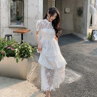 luxury white party dress women 2022 fashion hollow out short sleeve tunic floral cake lace dress birthday dress
