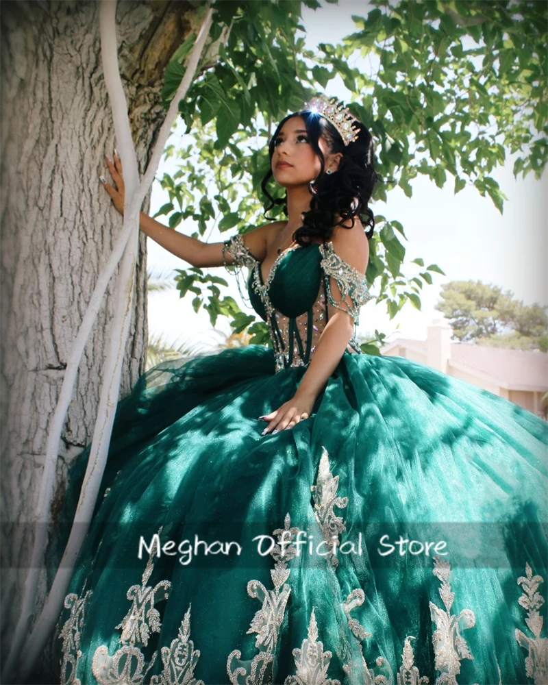 Мексиканское зеленое платье Quinceanera с открытыми плечами 2024 аппликацией для