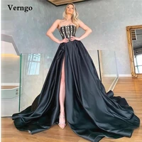 verngo black satin a line long prom dresses beads strapless side slit sweep train evening gown formal special occasion dress