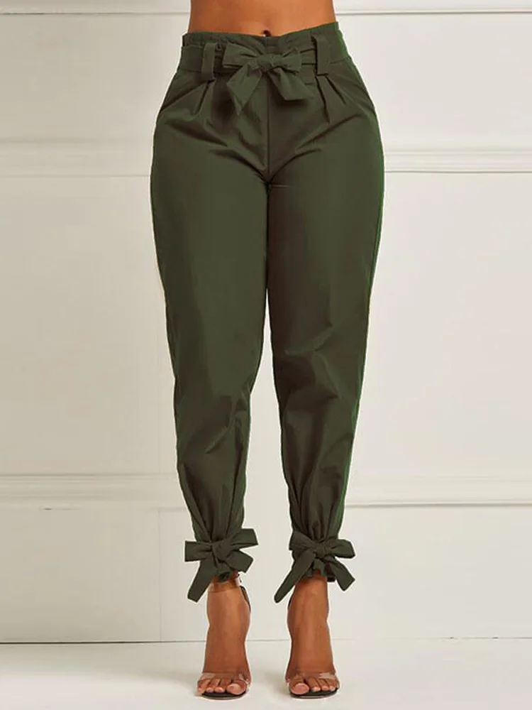 

Solid Casual High Waist Pencil Pants with Belt