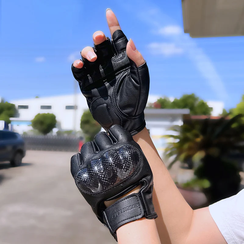 

Men's Half Finger Motorcycle Gloves Carbon Fiber Black Leather Summer Outside Powersport Guantes Moto Protective Gear